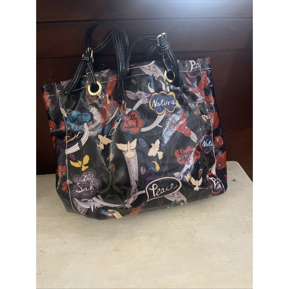 SAKROOTS Black"RIVER PEACE" Coated Canvas Boho Hippie Chic Tote Bag